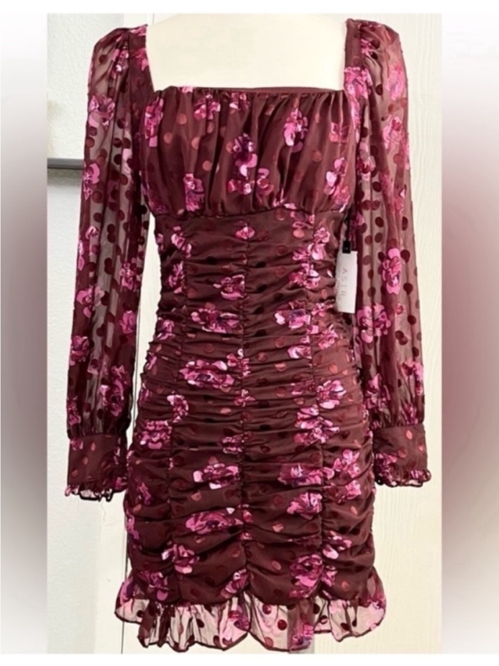 Astr The Label Rosalee Burgundy Pink Floral Ruched Square-Neck Mini Dress Sz S
